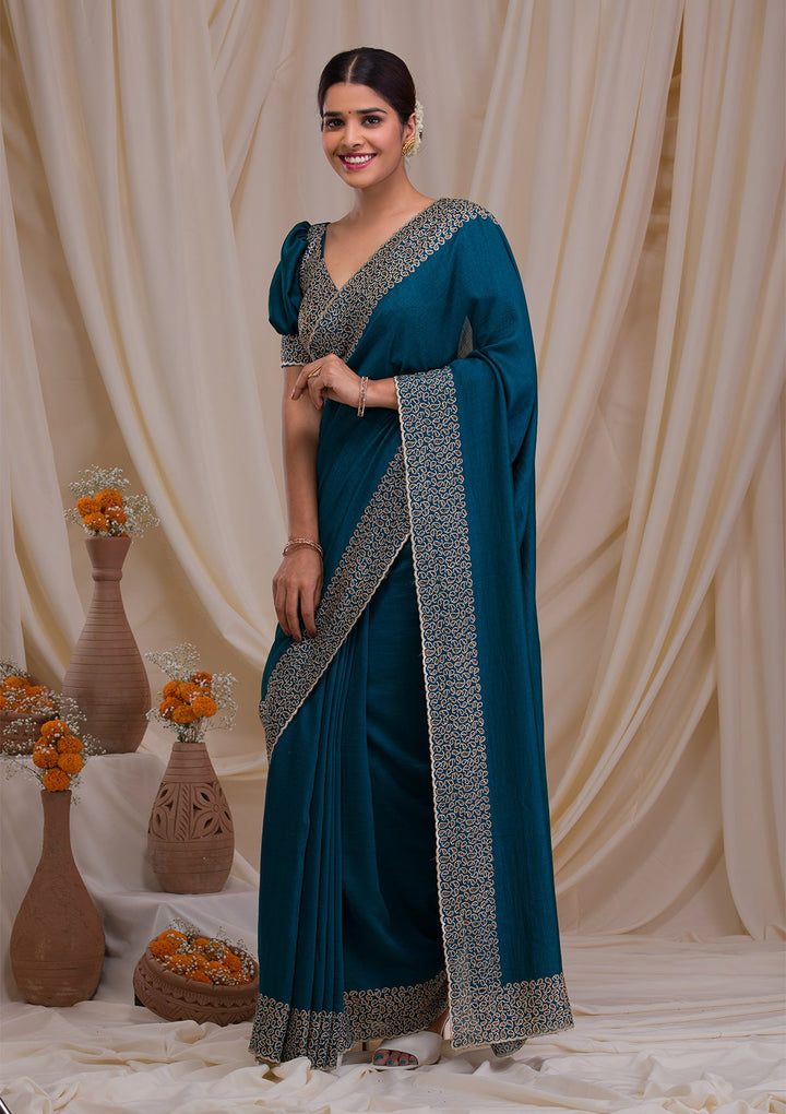 Peacock Blue Stonework Art Silk Saree-Koskii