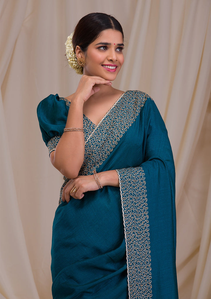 Peacock Blue Stonework Art Silk Saree-Koskii