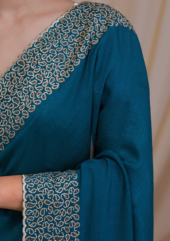 Peacock Blue Stonework Art Silk Saree-Koskii