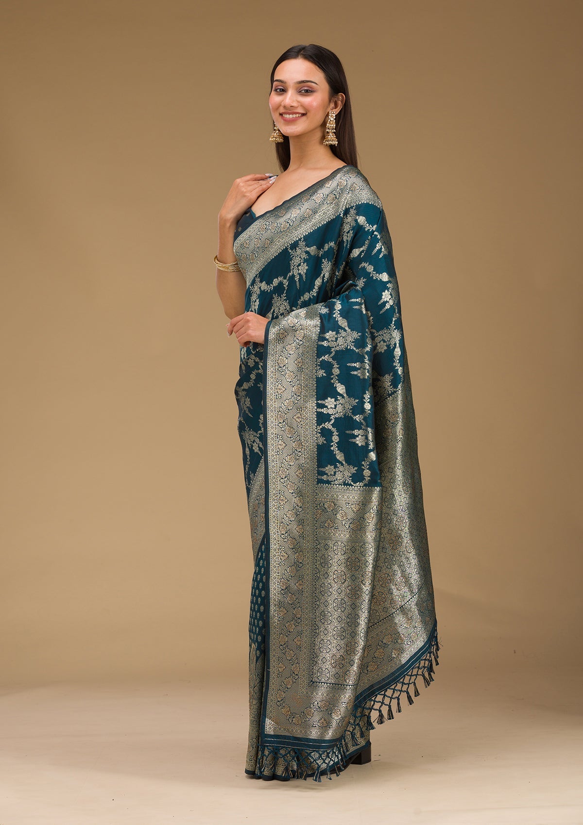 Peacock Blue Stonework Art Silk Saree-Koskii