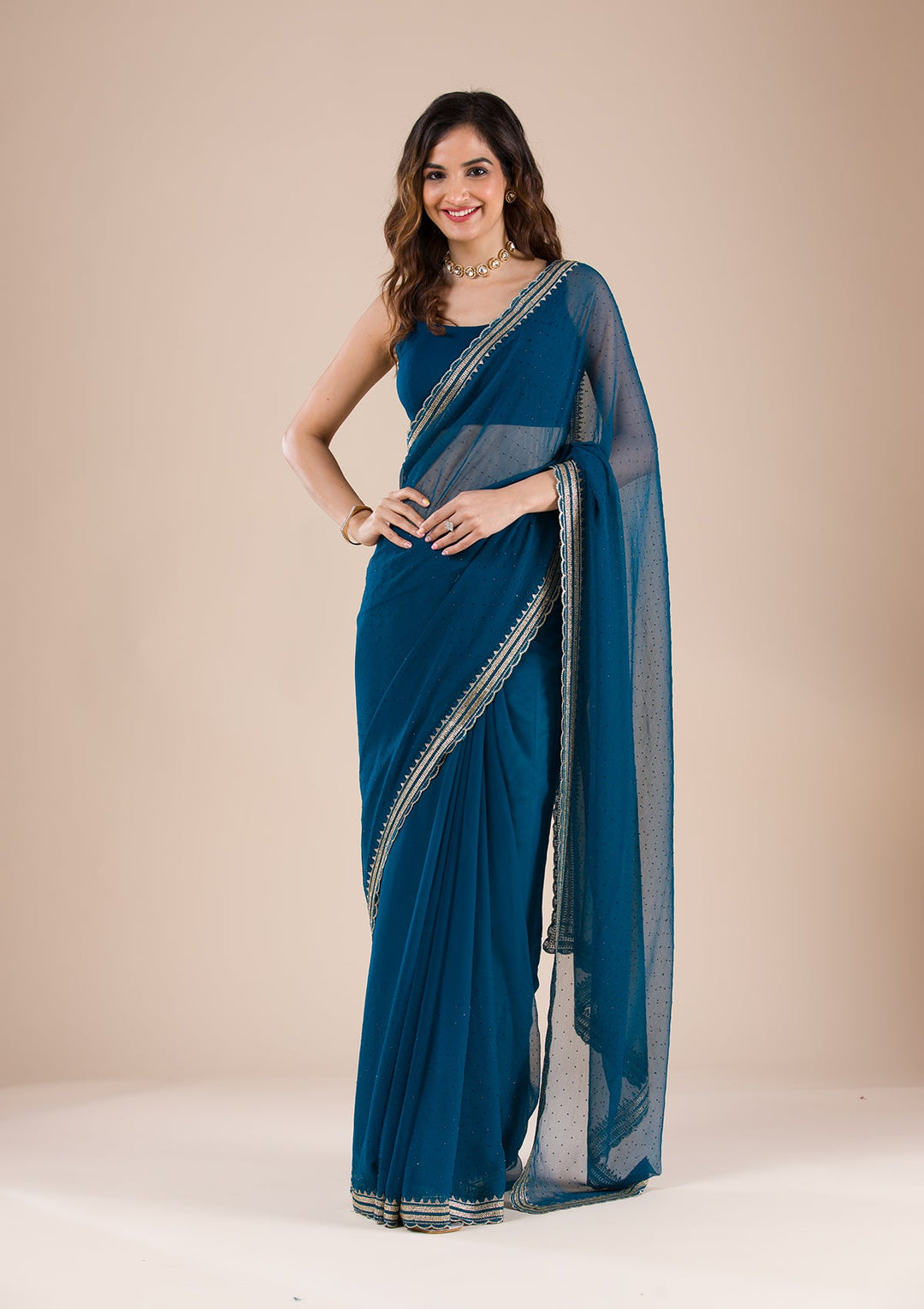 Peacock Blue Stonework Chiffon Saree-Koskii