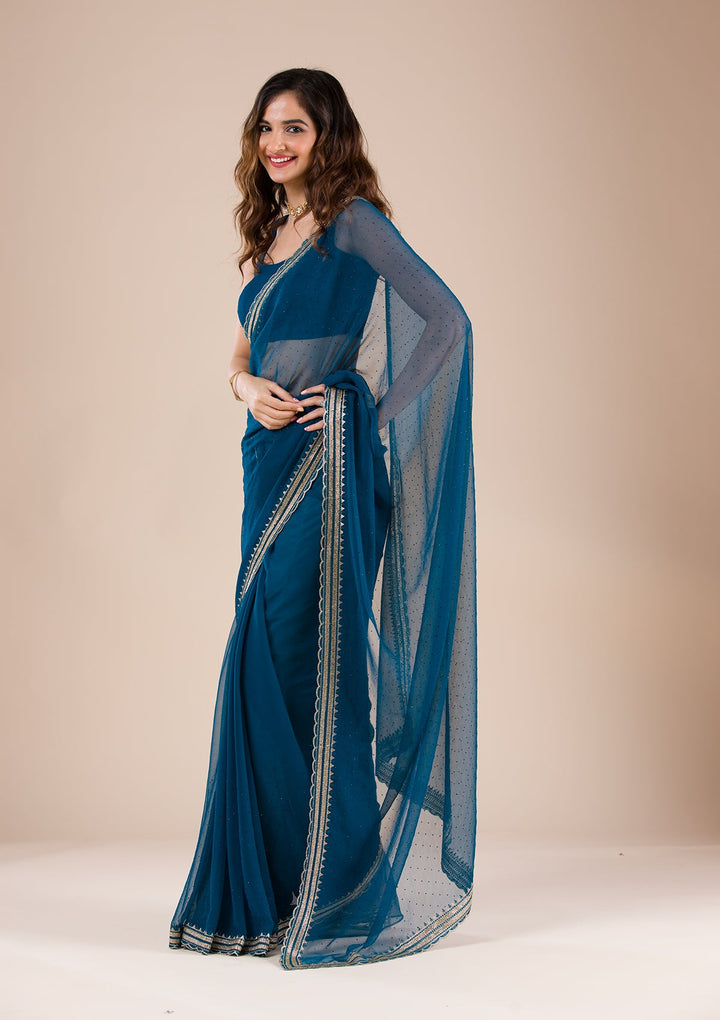 Peacock Blue Stonework Chiffon Saree-Koskii