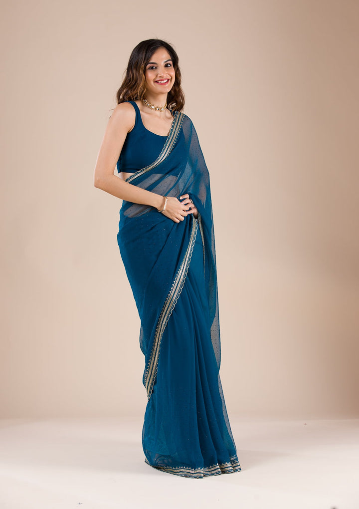 Peacock Blue Stonework Chiffon Saree-Koskii