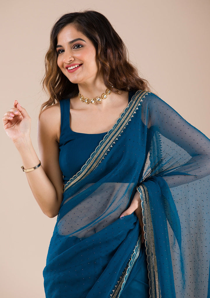 Peacock Blue Stonework Chiffon Saree-Koskii