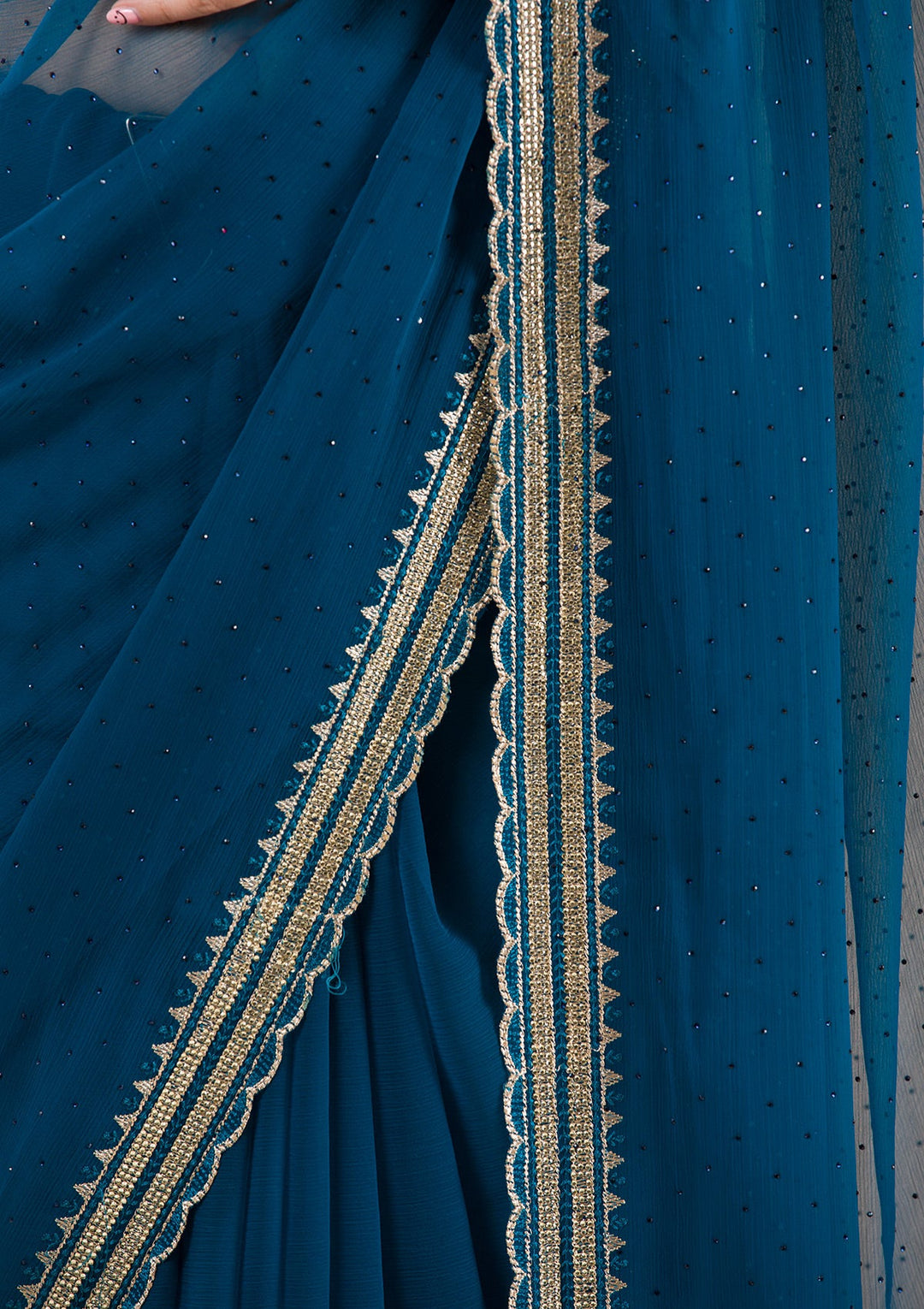 Peacock Blue Stonework Chiffon Saree-Koskii