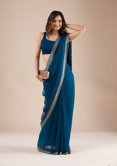 Peacock Blue Stonework Chiffon Saree-Koskii