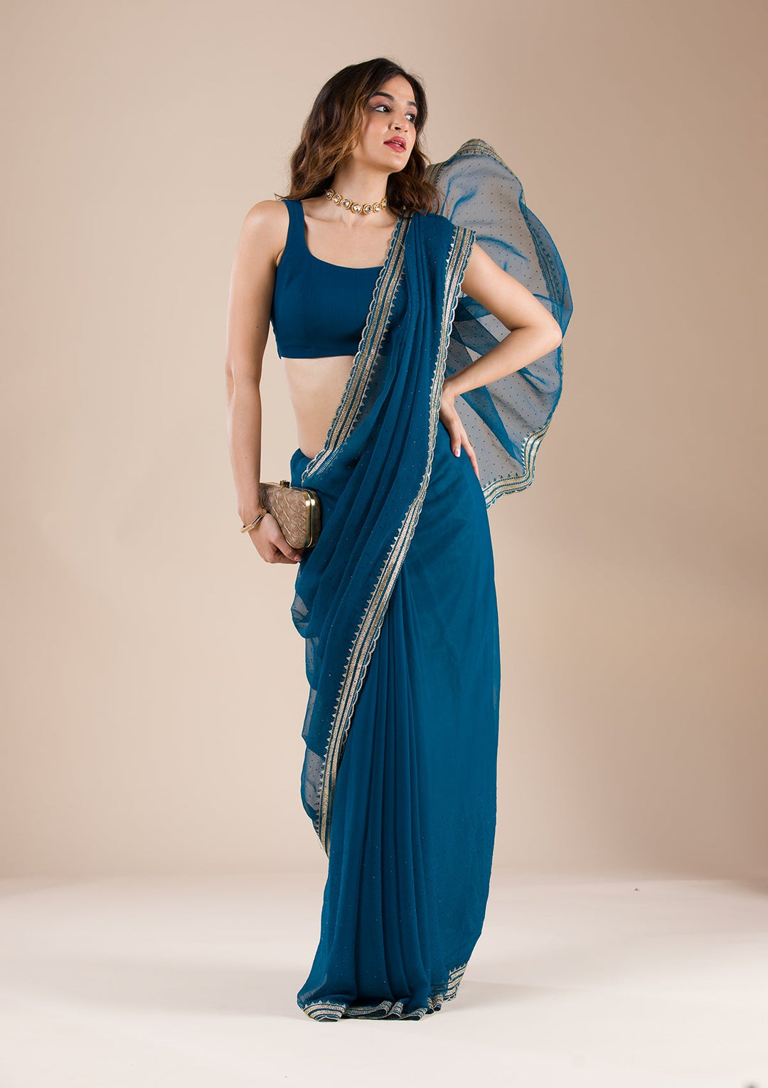 Peacock Blue Stonework Chiffon Saree-Koskii