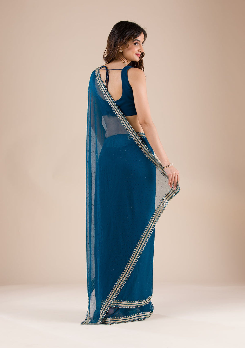 Peacock Blue Stonework Chiffon Saree-Koskii