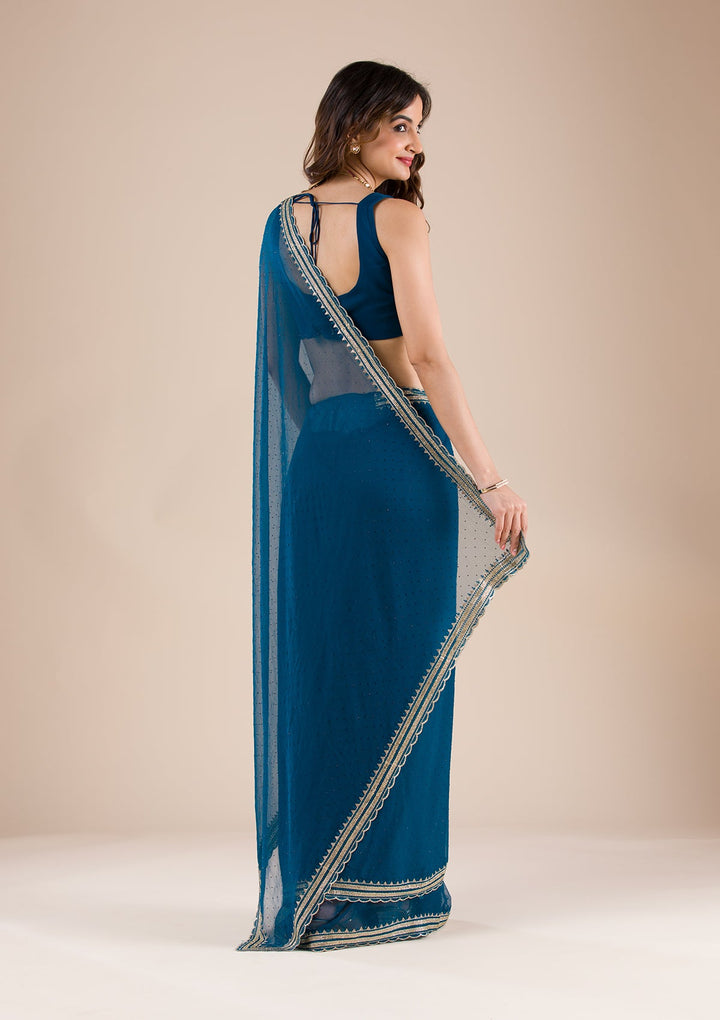 Peacock Blue Stonework Chiffon Saree-Koskii