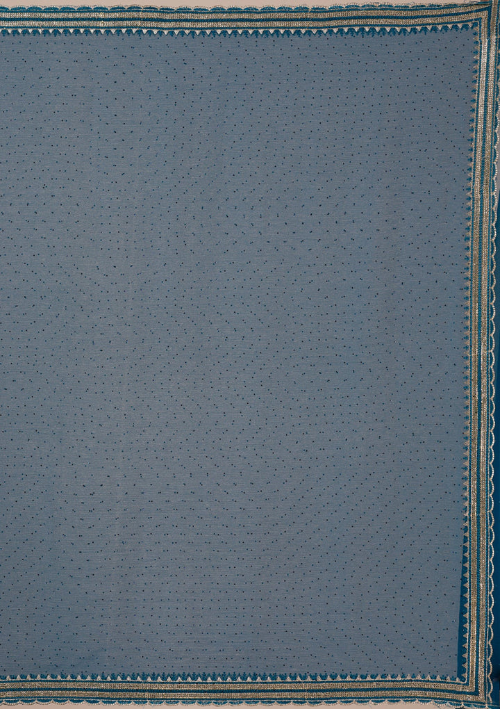 Peacock Blue Stonework Chiffon Saree-Koskii