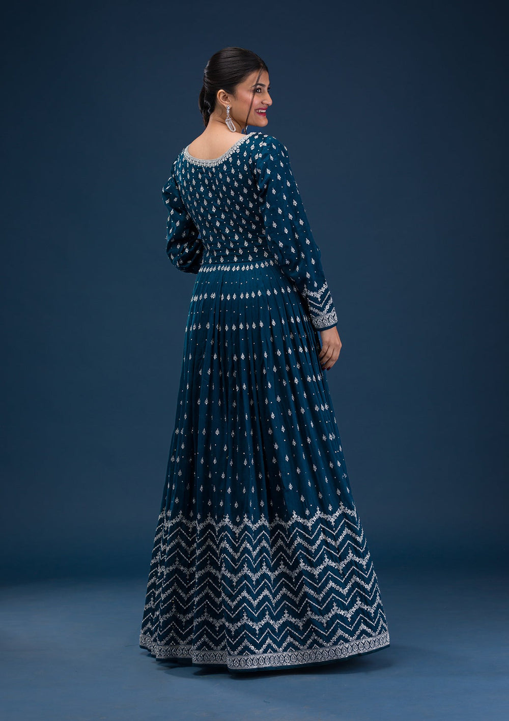 Peacock Blue Stonework Raw Silk Readymade Salwar Suit-Koskii