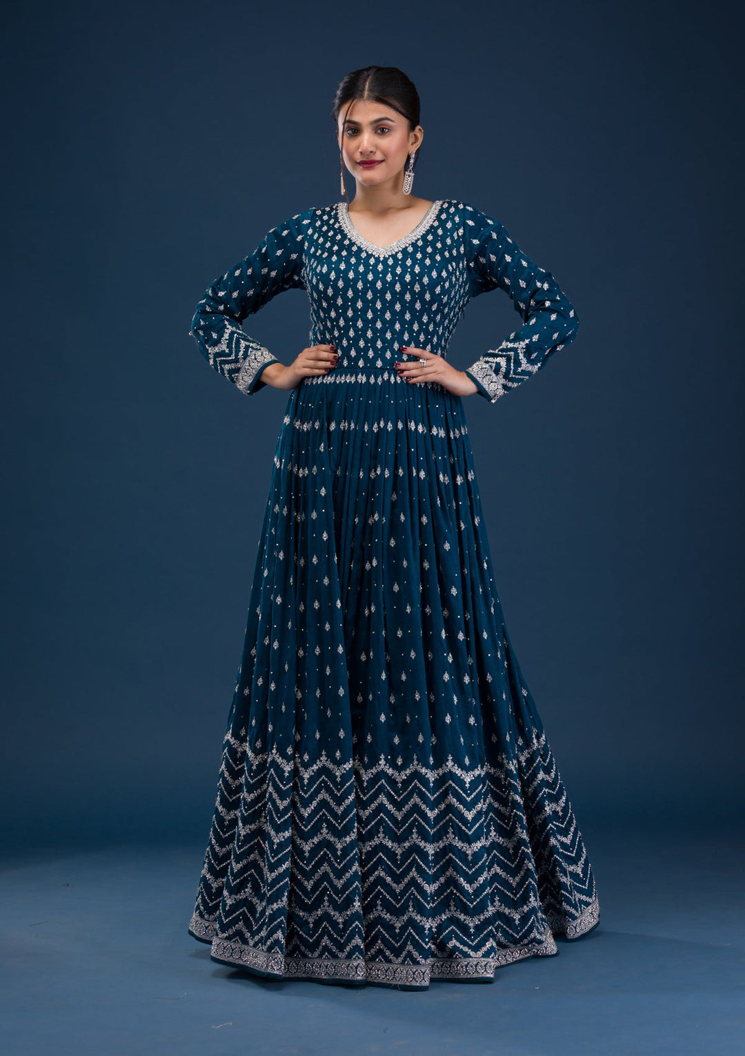 Peacock Blue Stonework Raw Silk Readymade Salwar Suit-Koskii