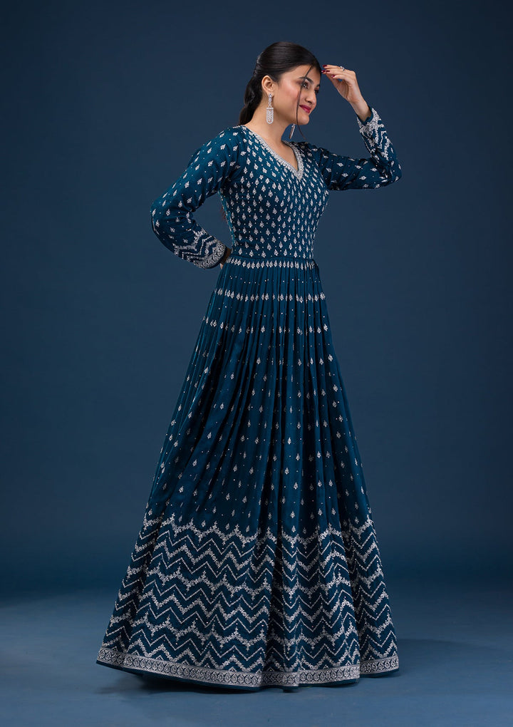 Peacock Blue Stonework Raw Silk Readymade Salwar Suit-Koskii