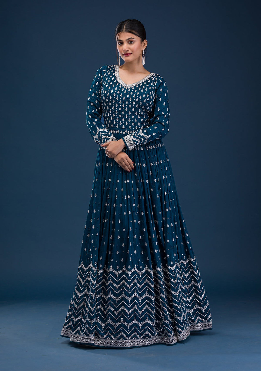 Peacock Blue Stonework Raw Silk Readymade Salwar Suit-Koskii