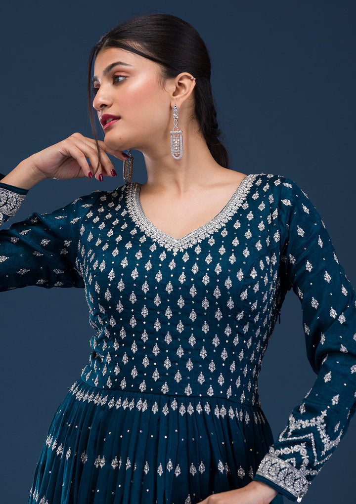 Peacock Blue Stonework Raw Silk Readymade Salwar Suit-Koskii