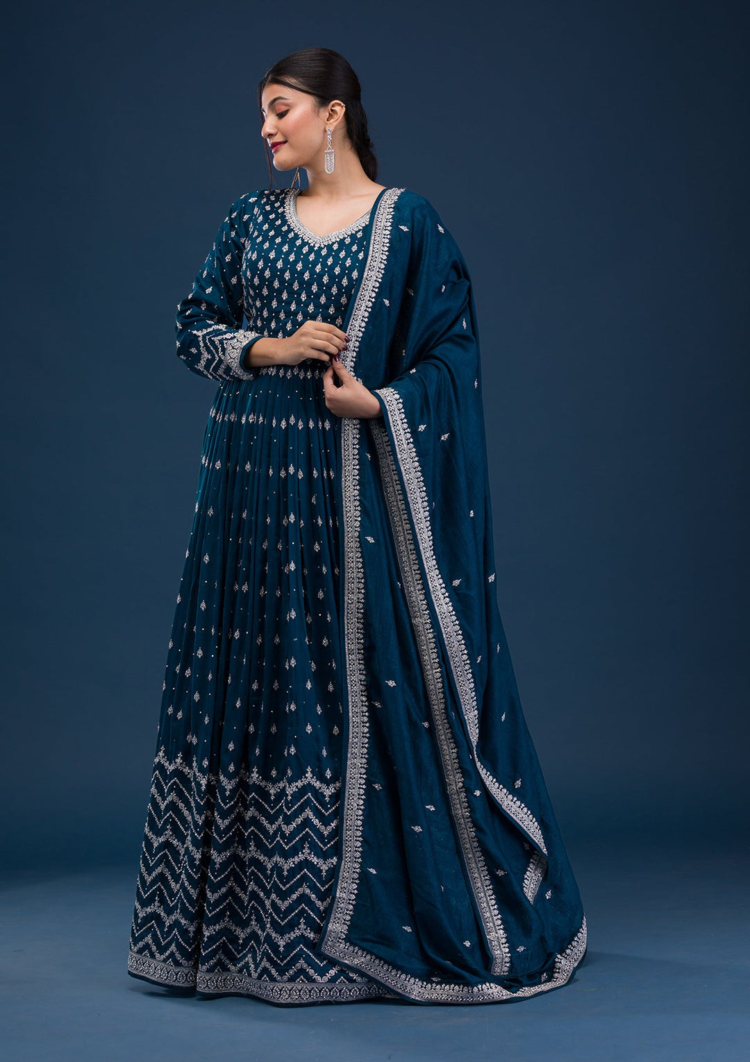 Peacock Blue Stonework Raw Silk Readymade Salwar Suit-Koskii