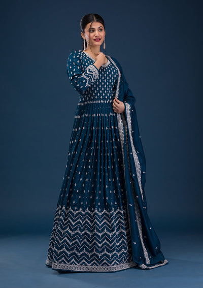 Peacock Blue Stonework Raw Silk Readymade Salwar Suit-Koskii