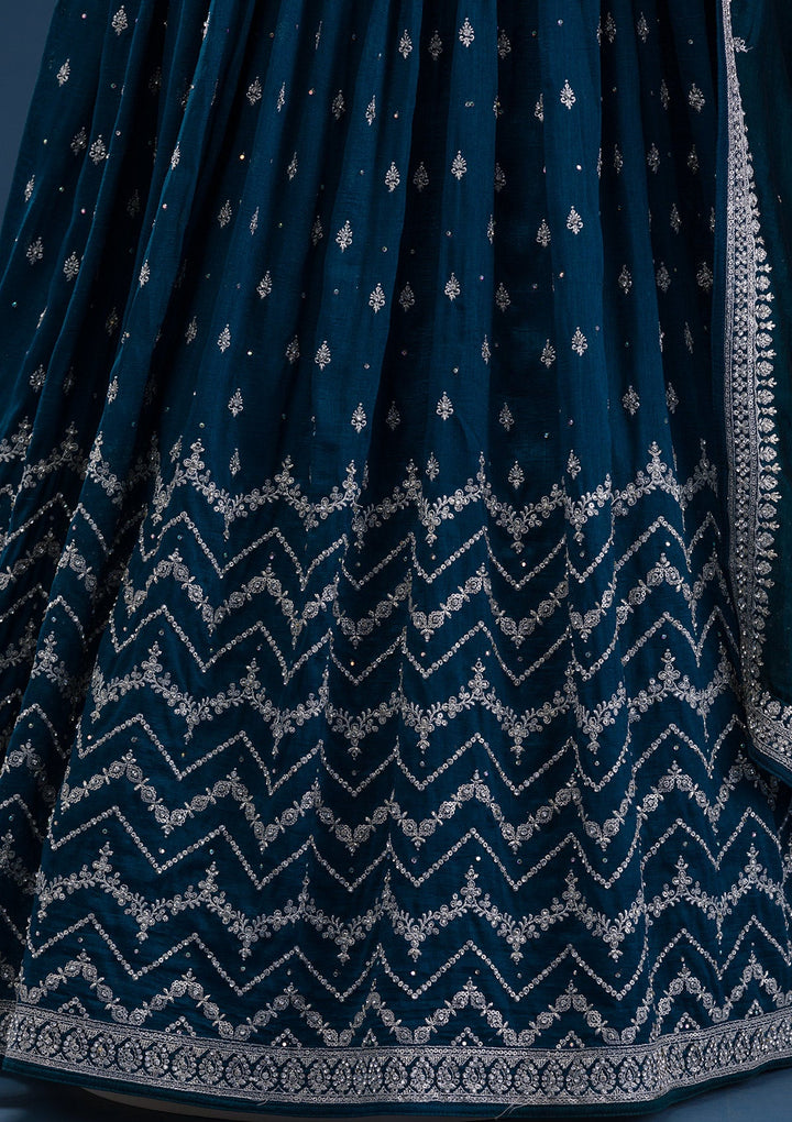 Peacock Blue Stonework Raw Silk Readymade Salwar Suit-Koskii