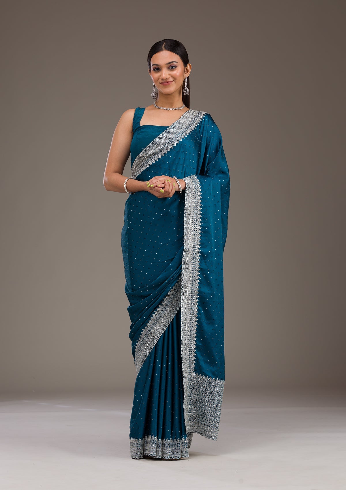 Peacock Blue Stonework Satin Saree-Koskii