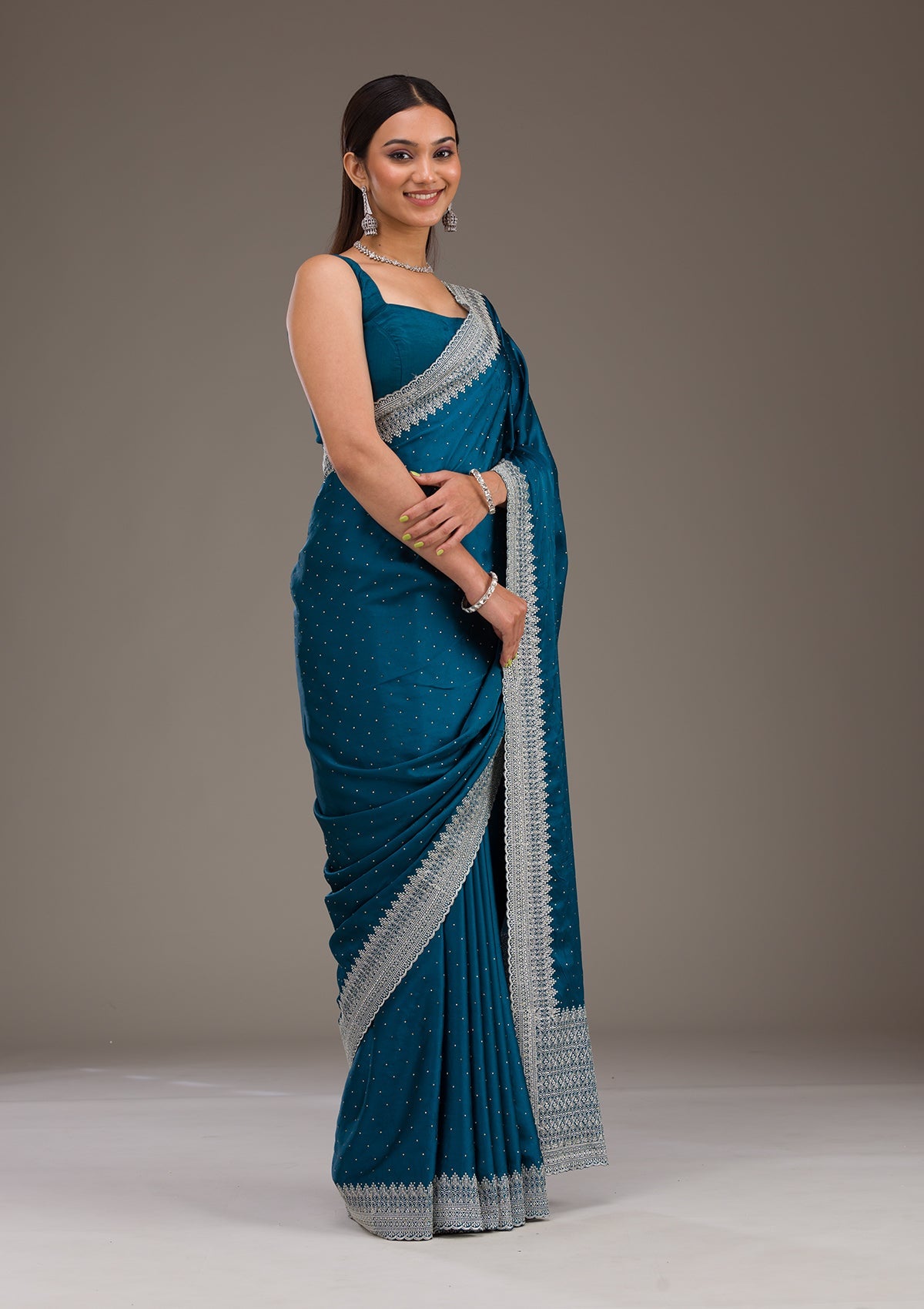 Peacock Blue Stonework Satin Saree-Koskii