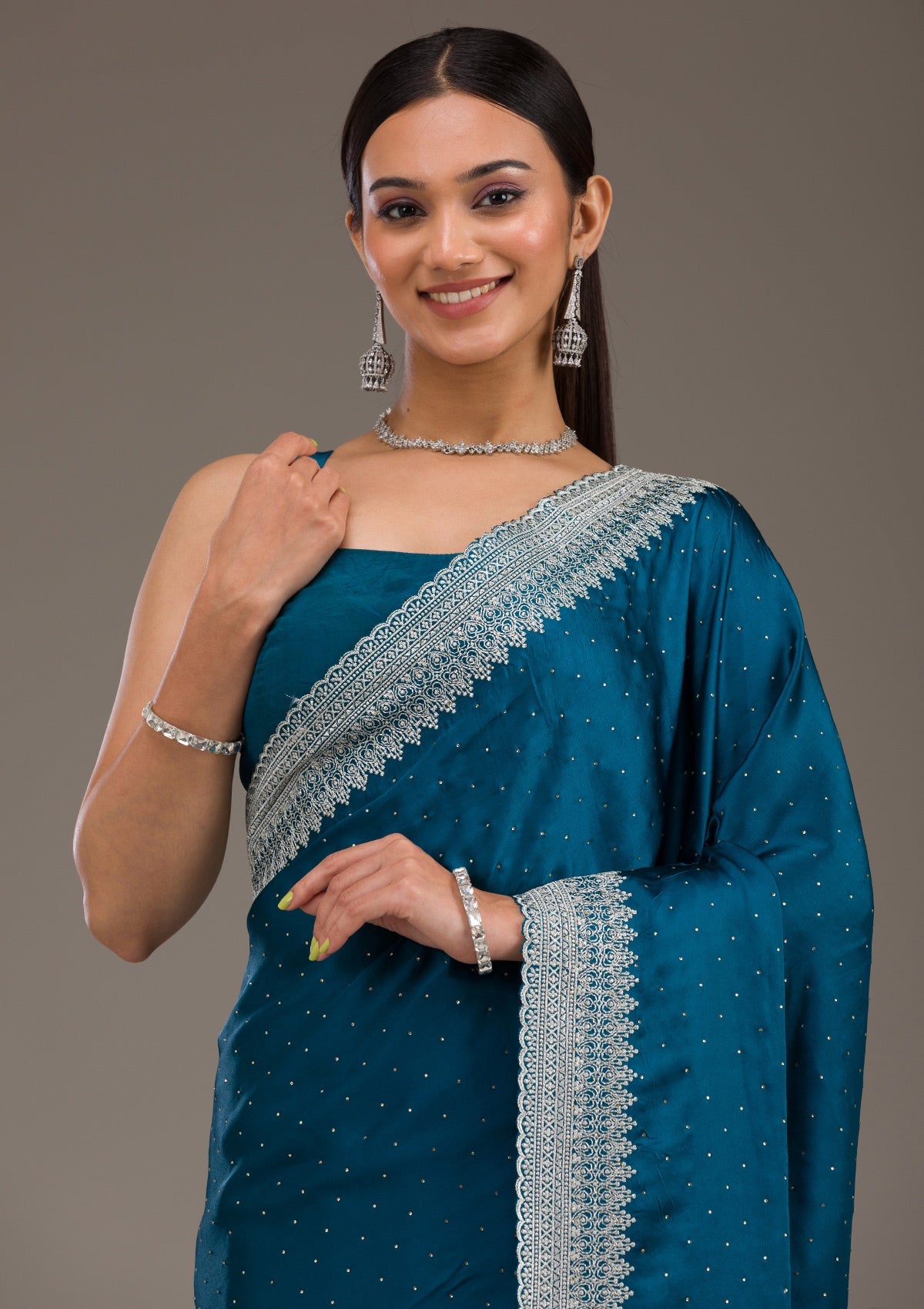 Peacock Blue Stonework Satin Saree-Koskii