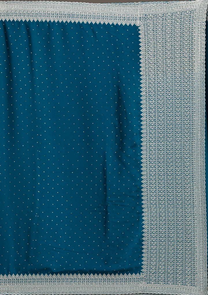 Peacock Blue Stonework Satin Saree-Koskii