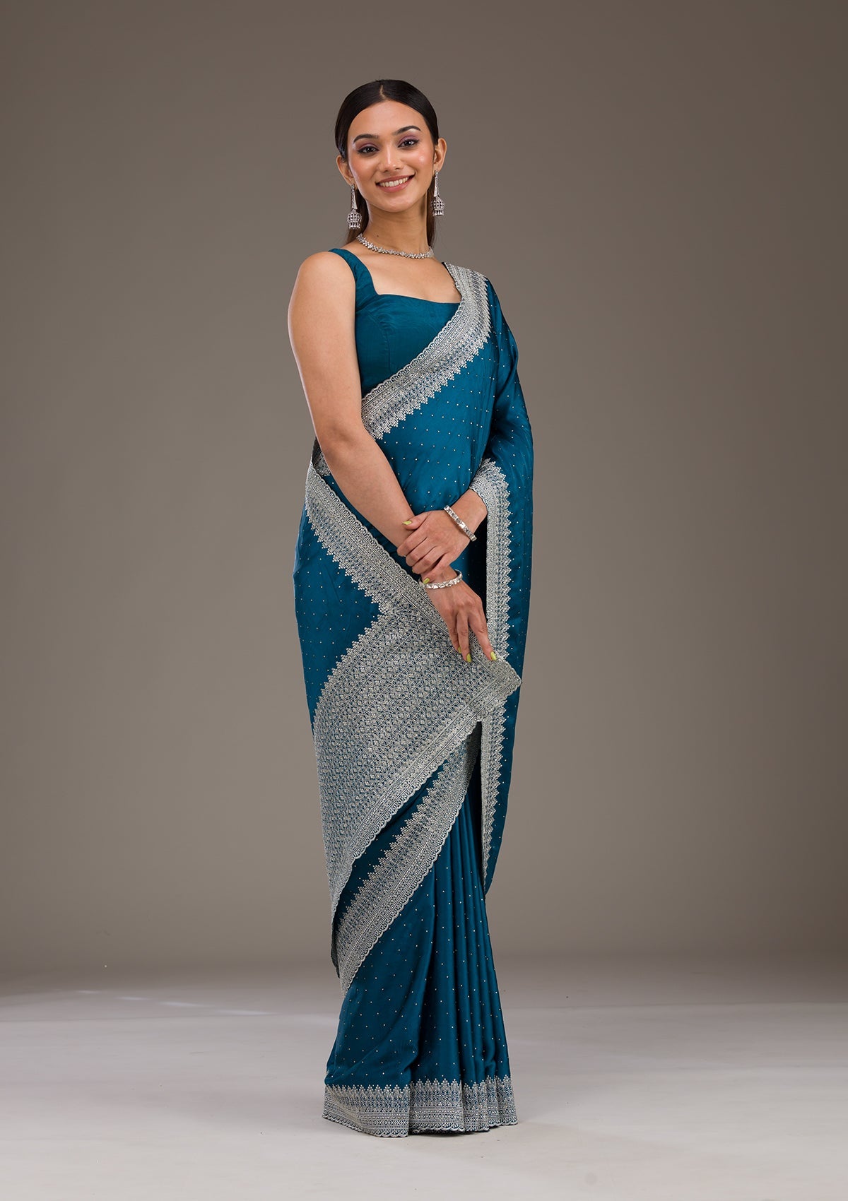 Peacock Blue Stonework Satin Saree-Koskii