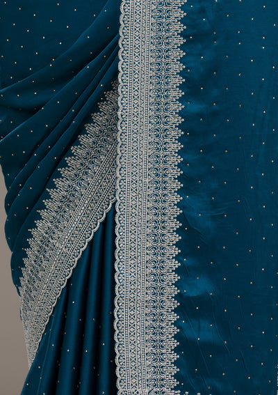 Peacock Blue Stonework Satin Saree-Koskii