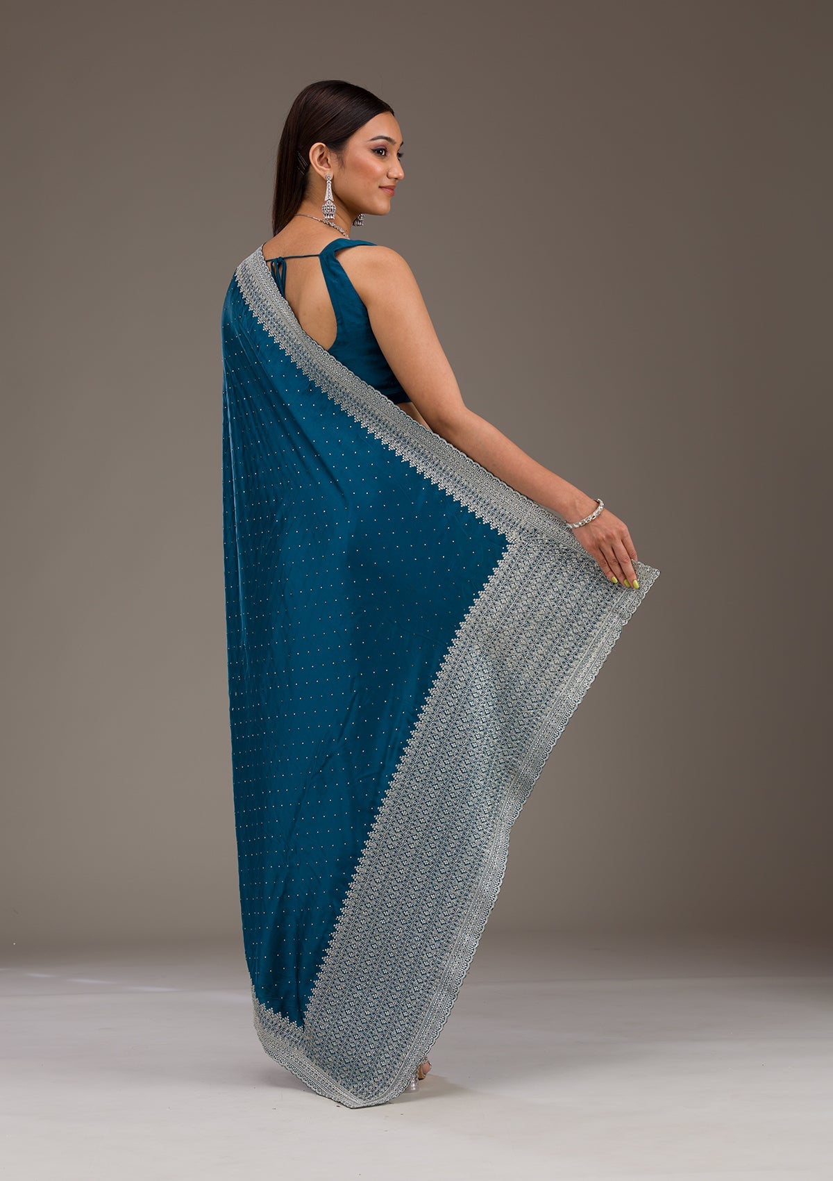 Peacock Blue Stonework Satin Saree-Koskii