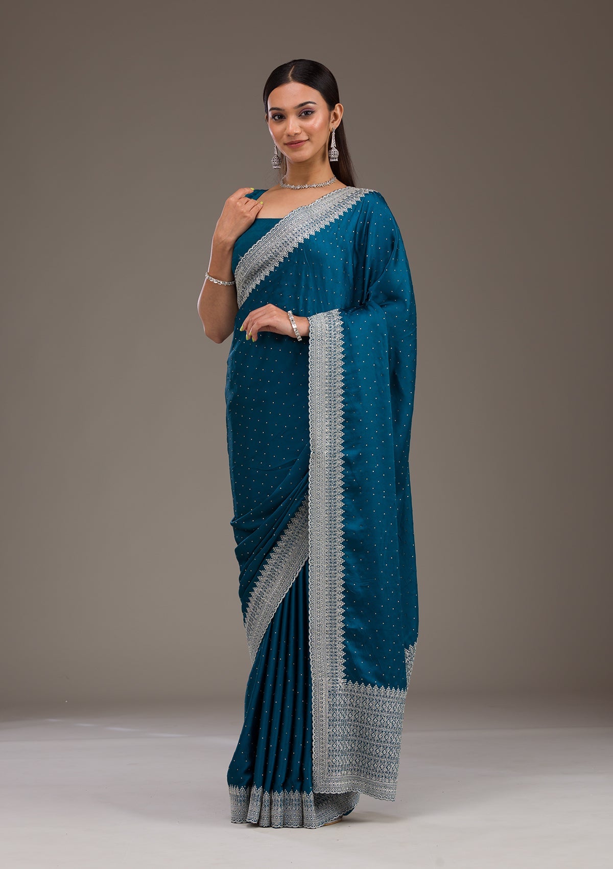 Peacock Blue Stonework Satin Saree-Koskii