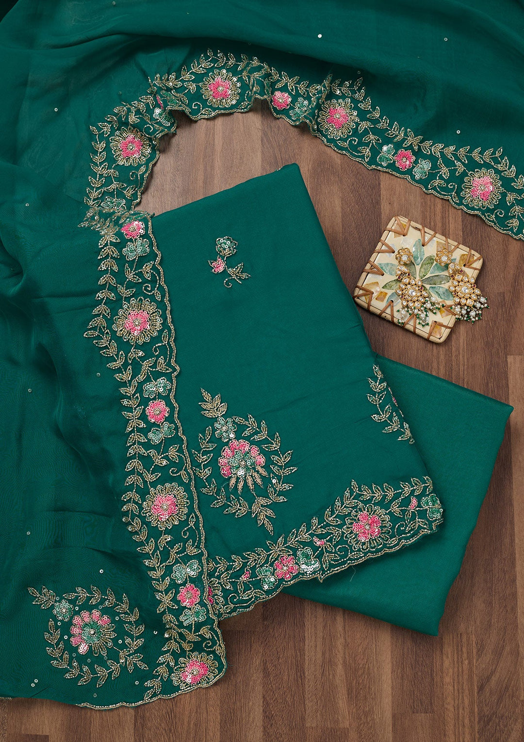 Peacock Blue Stonework Tissue Unstitched Salwar Suit-Koskii