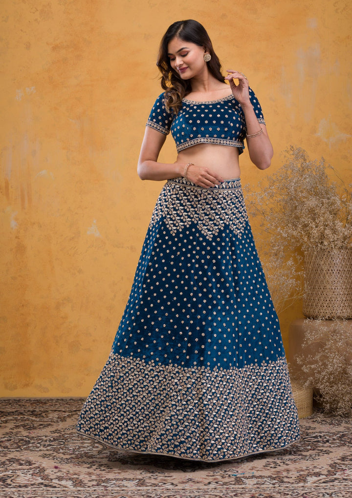 Peacock Blue Stonework Velvet Readymade Lehenga-Koskii
