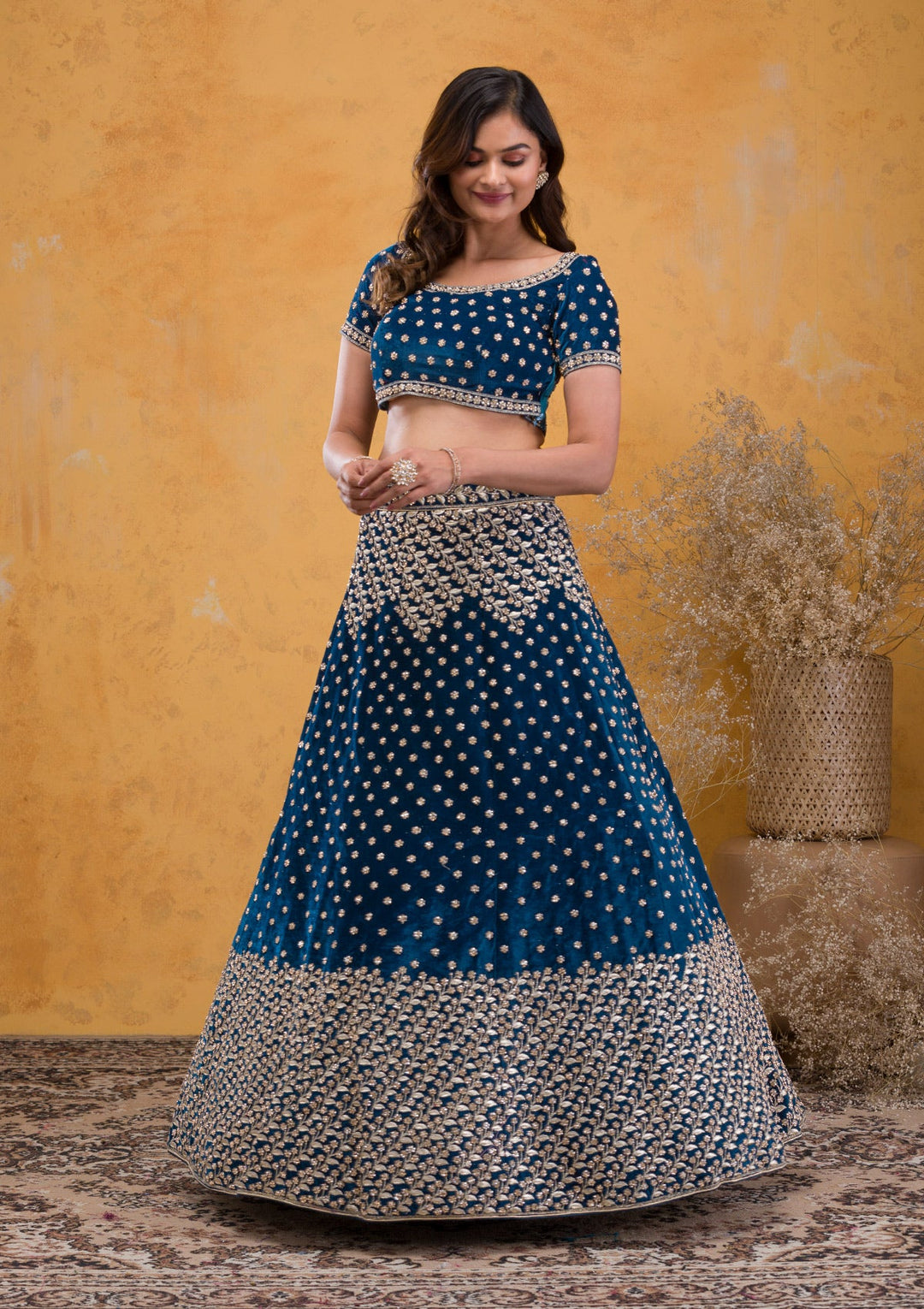 Peacock Blue Stonework Velvet Readymade Lehenga-Koskii