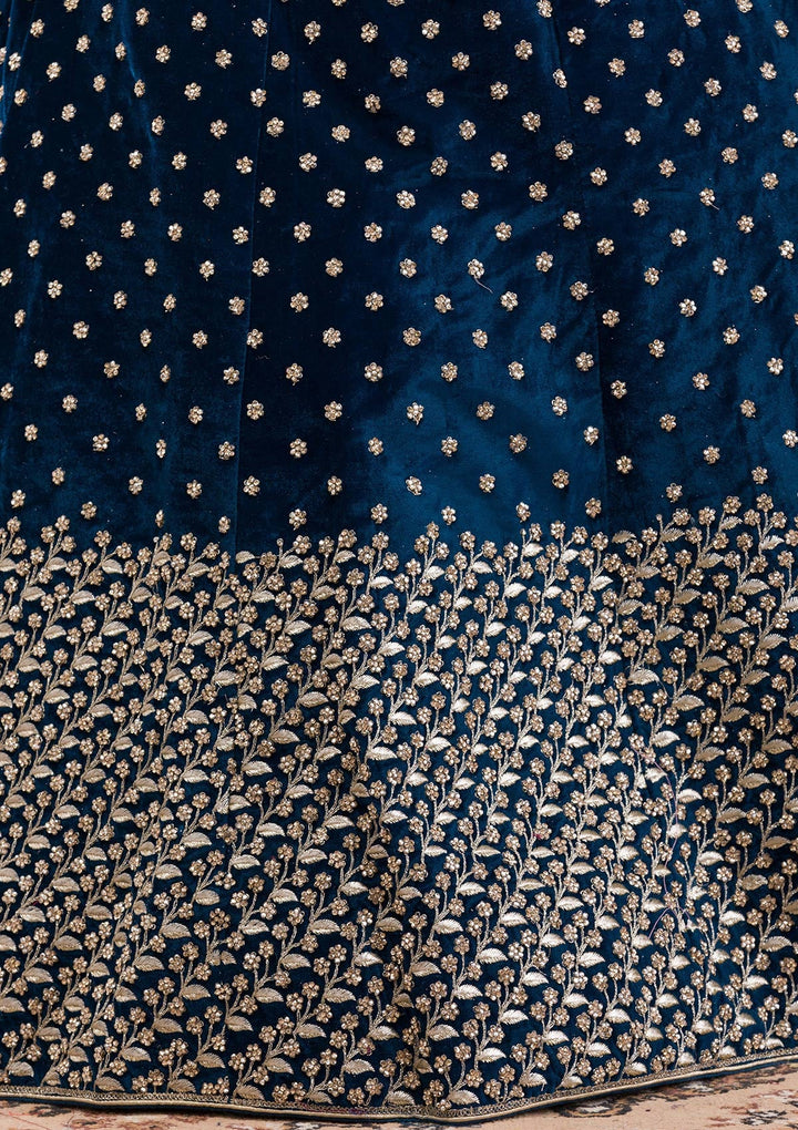 Peacock Blue Stonework Velvet Readymade Lehenga-Koskii