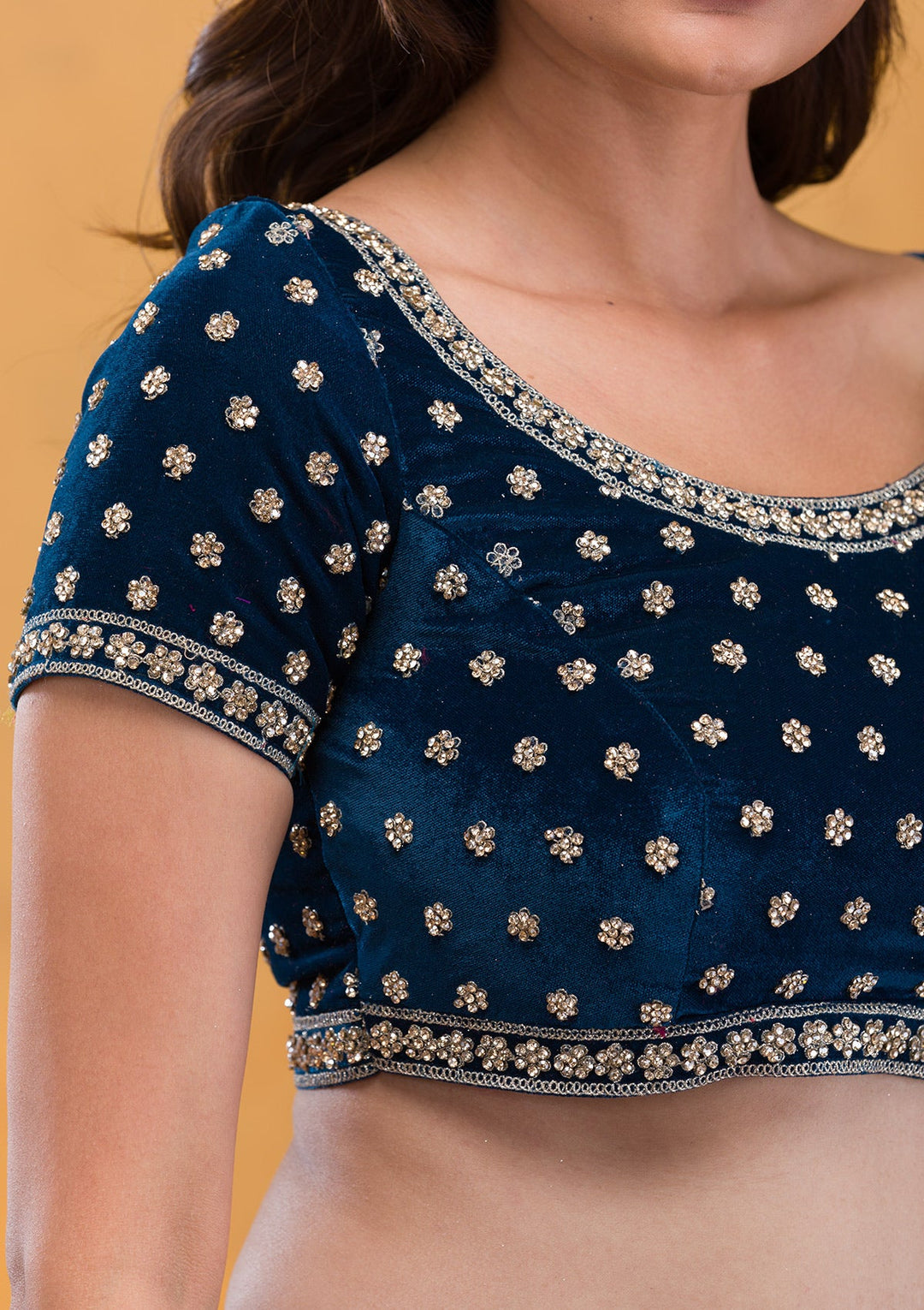 Peacock Blue Stonework Velvet Readymade Lehenga-Koskii