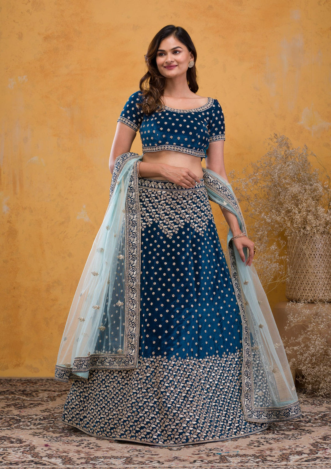 Peacock Blue Stonework Velvet Readymade Lehenga-Koskii