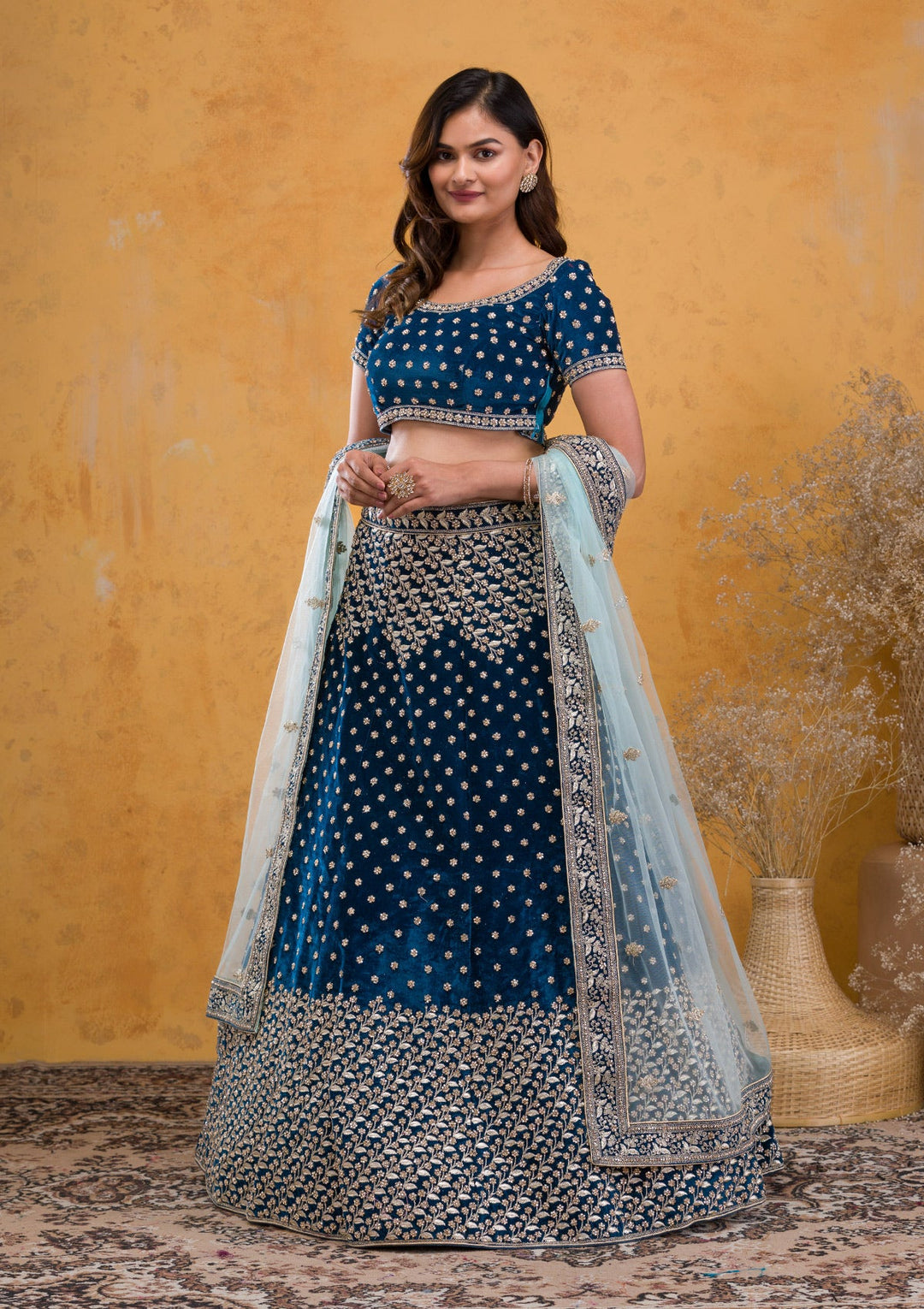 Peacock Blue Stonework Velvet Readymade Lehenga-Koskii