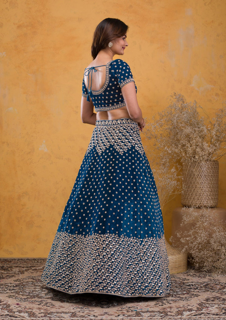 Peacock Blue Stonework Velvet Readymade Lehenga-Koskii