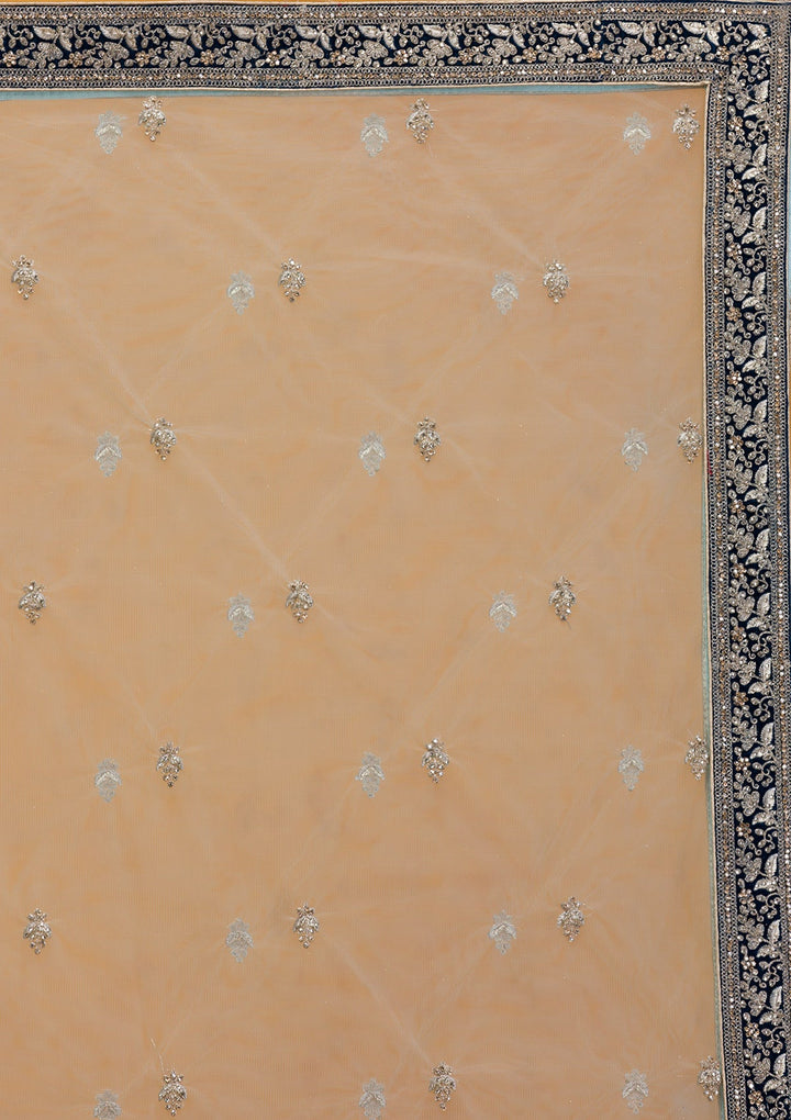 Peacock Blue Stonework Velvet Readymade Lehenga-Koskii