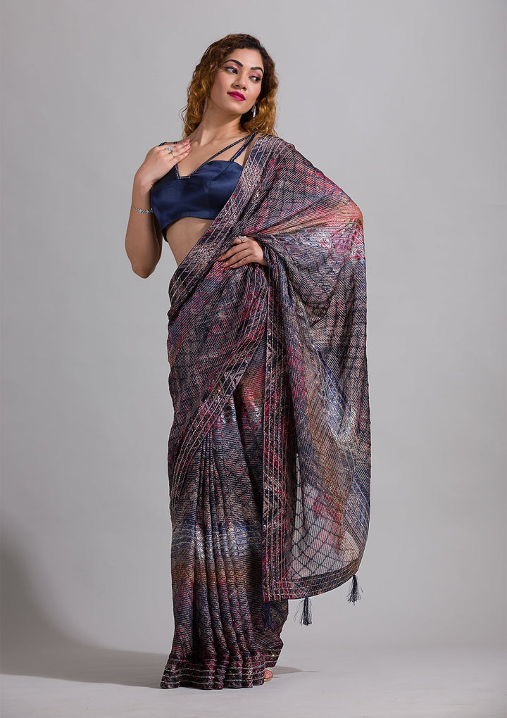 Peacock Blue Swarovski Georgette Saree-Koskii
