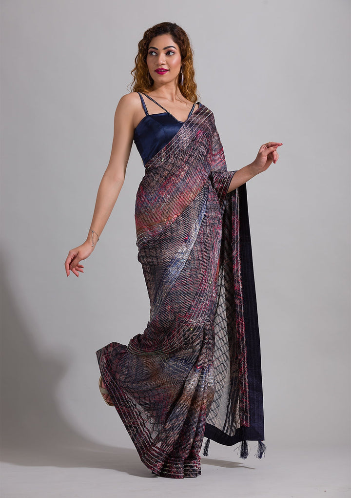 Peacock Blue Swarovski Georgette Saree-Koskii