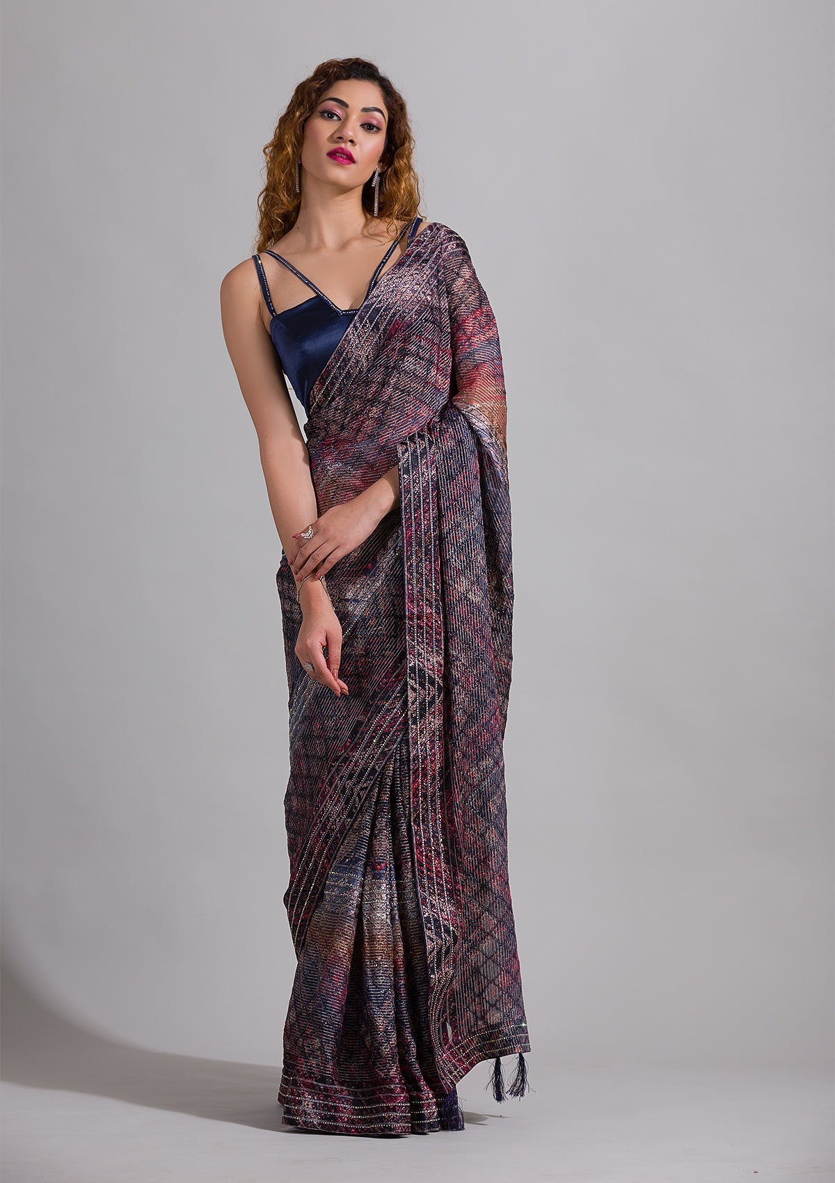 Peacock Blue Swarovski Georgette Saree-Koskii