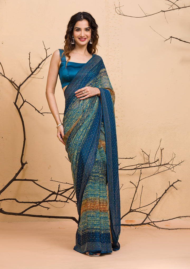 Sea Green Threadwork Tissue Designer Saree-Koskii
