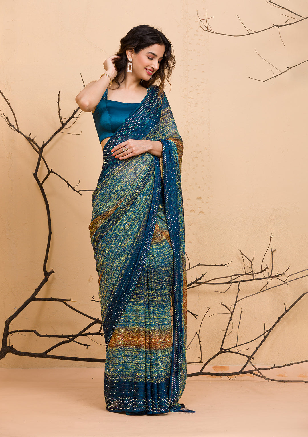 Sea Green Threadwork Tissue Designer Saree-Koskii