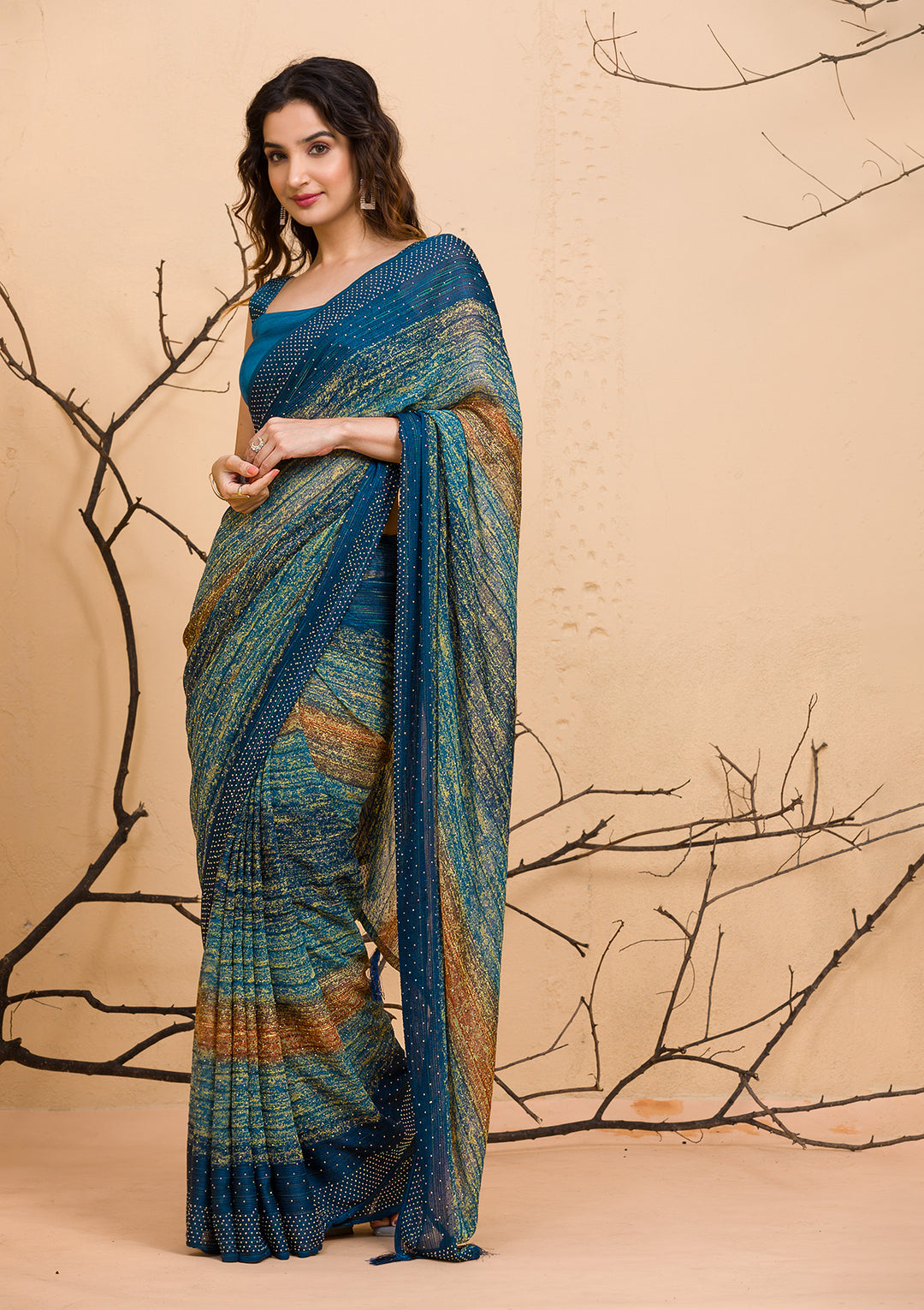 Sea Green Threadwork Tissue Designer Saree-Koskii