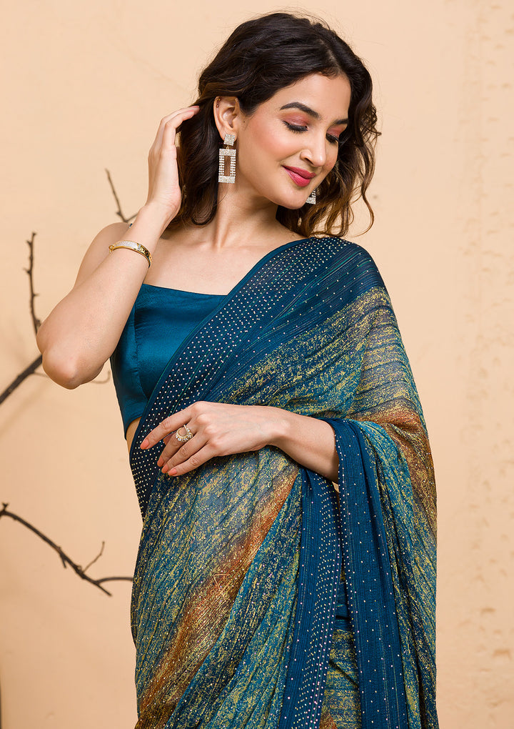 Sky Blue Stonework Georgette Designer Saree-Koskii