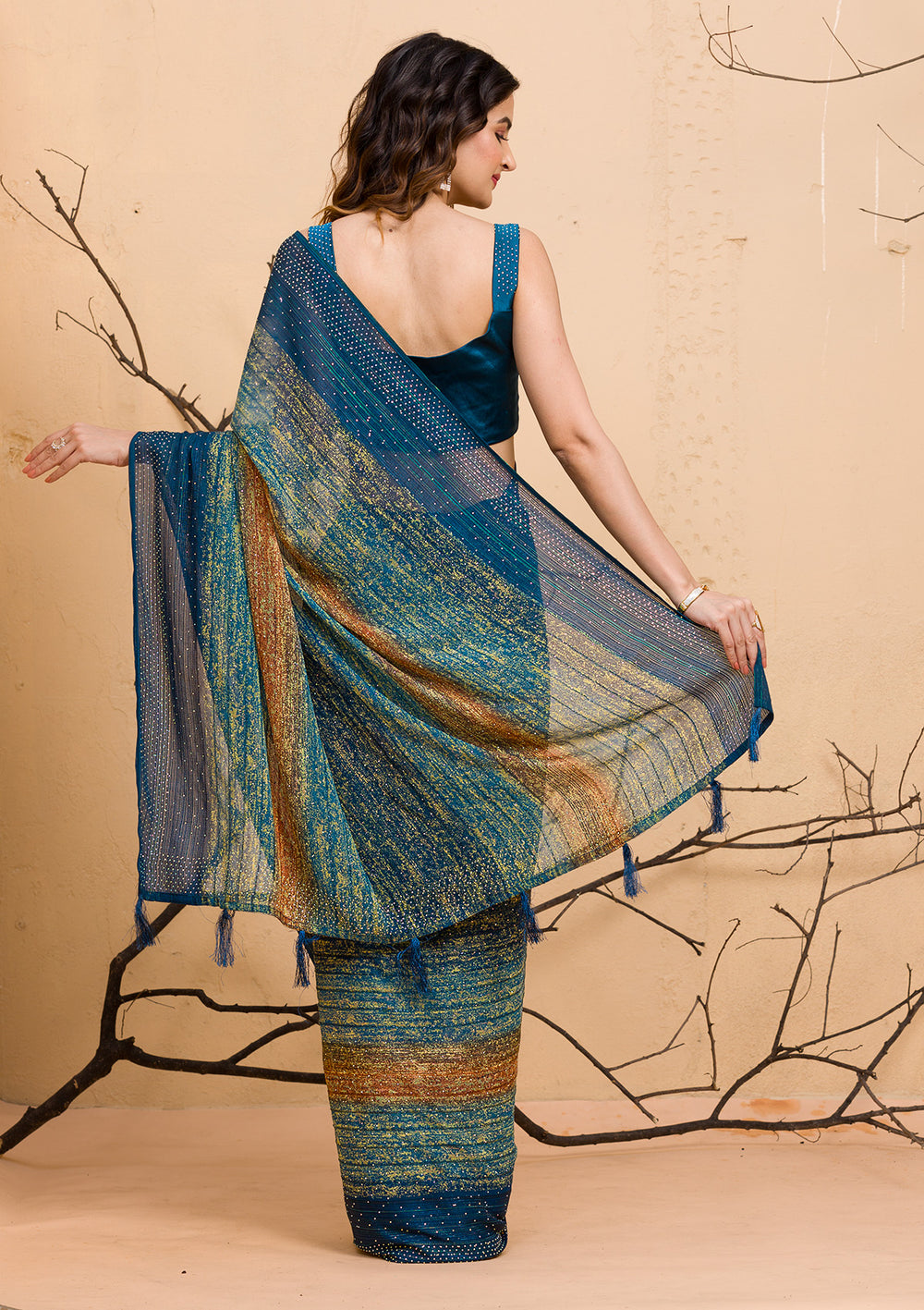 Peacock Blue Swarovski Chiffon Saree-Koskii