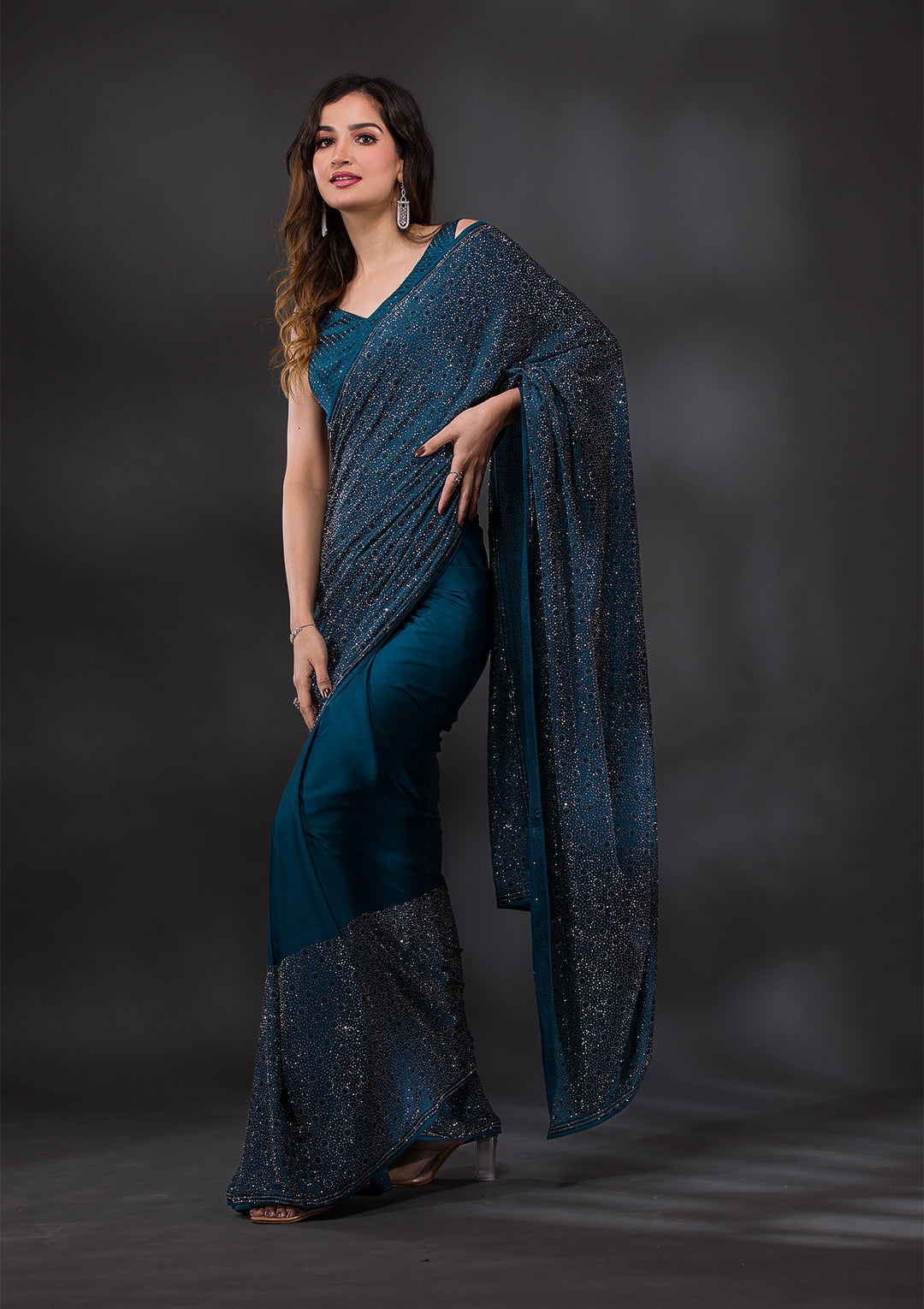 Light Grey Threadwork Organza Designer Saree-Koskii