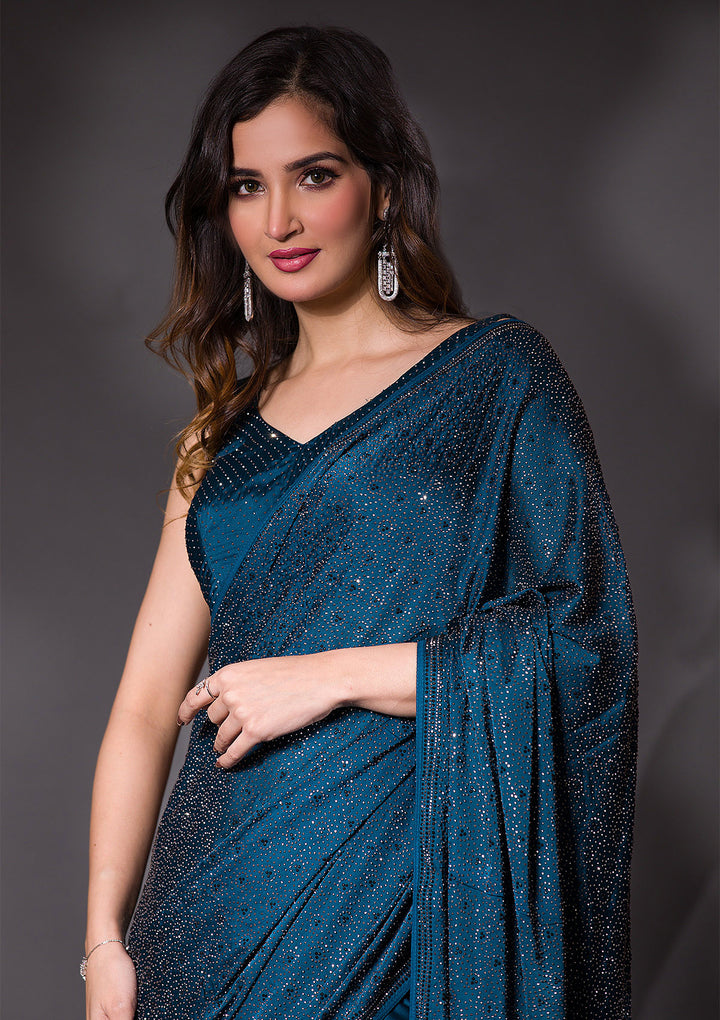 Bottle Green Zari Work Georgette Designer Saree-Koskii