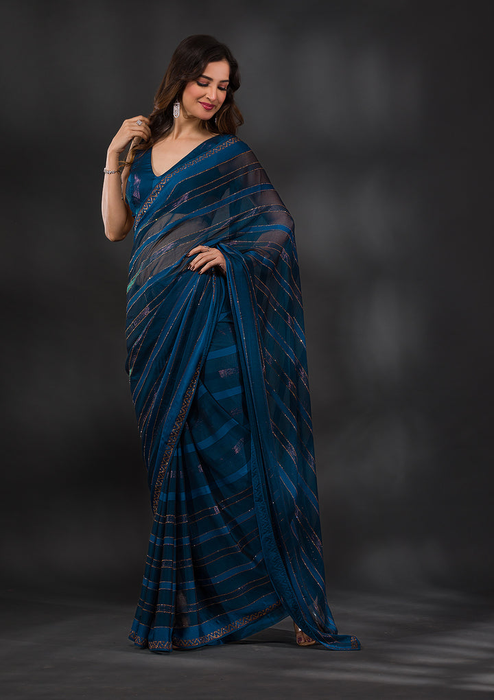 Peacock Blue Swarovski Tissue Saree-Koskii